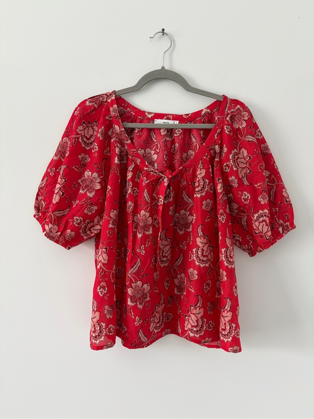 MNG Mango Red Paisley Floral Square Neck Elbow Balloon Sleeves Cotton Linen Top
